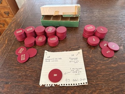 VINTAGE 97 CLAY POKER CHIPS MONOGRAMED GACC POKER CHIPS RED 28 MARKED $5.00