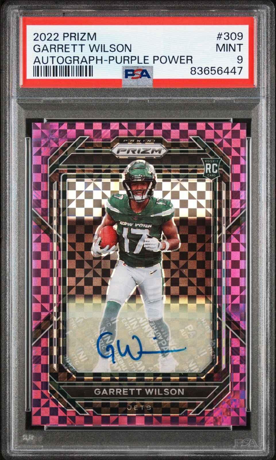 2022 Panini Prizm Garrett Wilson #309 Purple Power Prizm /49 (RC) PSA 9 Jets SP