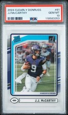 Graded 2024 Panini Clearly Donruss JJ McCarthy #61 Rookie Football Card PSA 10