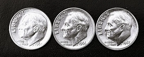 1965 1966 1967 10c Clad Roosevelt 3-Dime set.  UNC.  FREE Shipping  (R010)