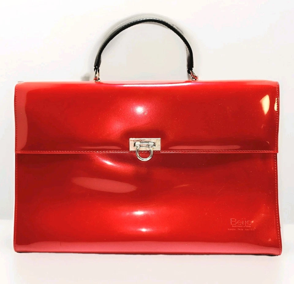 Bolso/Cartera/Tote Beijo Business Class Rojo Charol Grande Asa Superior Raro Nuevo de Lote Antiguo Foto 2 de 4