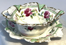 VINTAGE GRAVY BOAT WITH SAUCER WHITE W/MINT GREEN PINK GOLD ROSES SCALLOPED EDGE