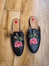 GUCCI PRINCETOWN HORSEBIT ROSE EMBROIDERED FLAT MULES SIZE 39 EU, 8.5 US, 6 UK