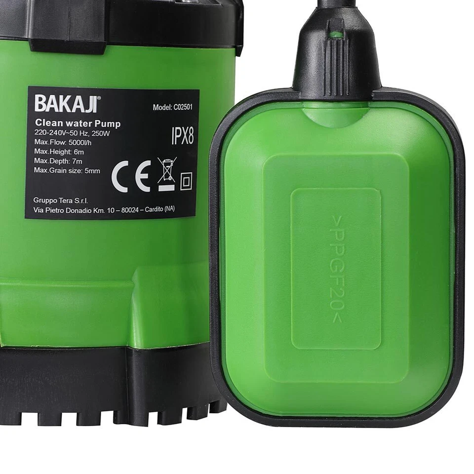 Pompa Immersione Elettropompa Sommersa Acque Chiare 250W 5000L/h Fondo Piatto - Immagine 3 di 4