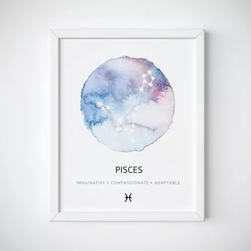 Pisces Zodiac, Constellation Watercolor Wall Art Print. Perfect DIY Gift