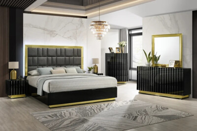 INSIDE SHIPPING TO TX, 77406-NEW 5PC LED King Gloss Black Gold Bed Set B/D/M/N/C