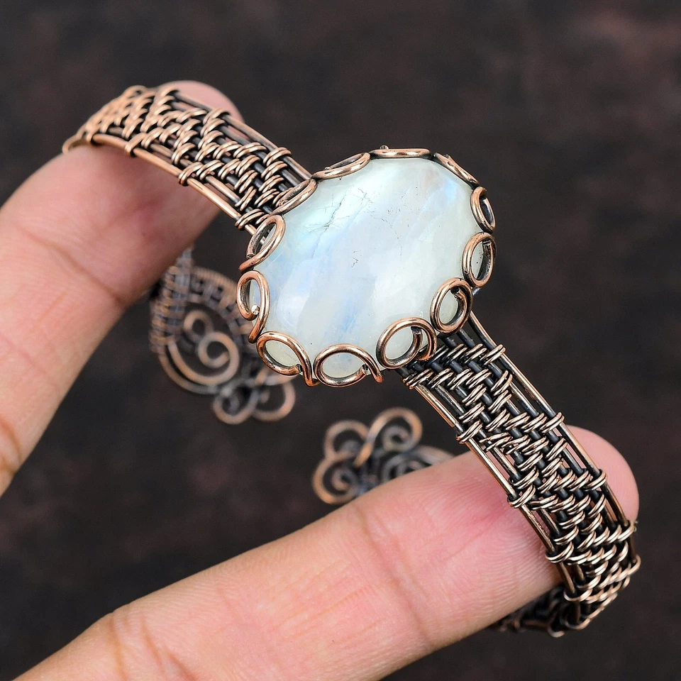 Rainbow Moonstone Wire Wrapped Adjustable Bangle Handcrafted Copper Gift - Image 3 of 4