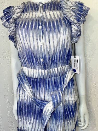 NWT Saylor Wilshire Blue Cream Ikat Cotton Ruffled Belted Shorts Romper Size XS - Picture 18 of 22
