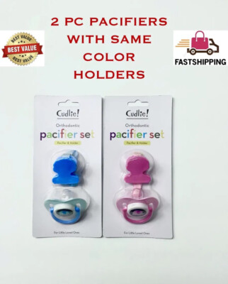 2 PC BABY PACIFIERS ORTHODONTIC WITH 2 PC PACIFIER HOLDERS BLUE AND PINK COLOR