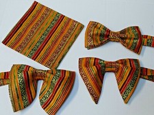 Handmade Mens Print Striped Bow Tie Handkerchief Pre-tied Gold Detail Colorful