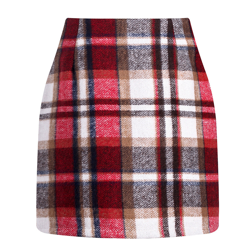 Women Plaid Skirts High Waisted Pencil Skirt Wool Bodycon Vintage