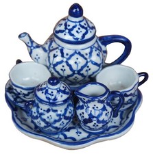 Vintage Miniature Dollhouse Blue Porcelain Tea Coffee Set Pitcher Cup Tray 4"
