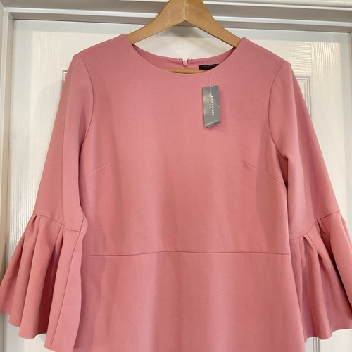 Abito svasato Ann Taylor donna 12 petite lungo manica a campana rosa conchiglia mare 12P nuovo con etichette - Foto 3 di 13