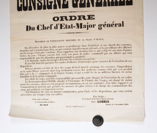 Rare Poster of The Army of Vosges Order of The General Staff 9 Dec 187O - Picture 4 of 4