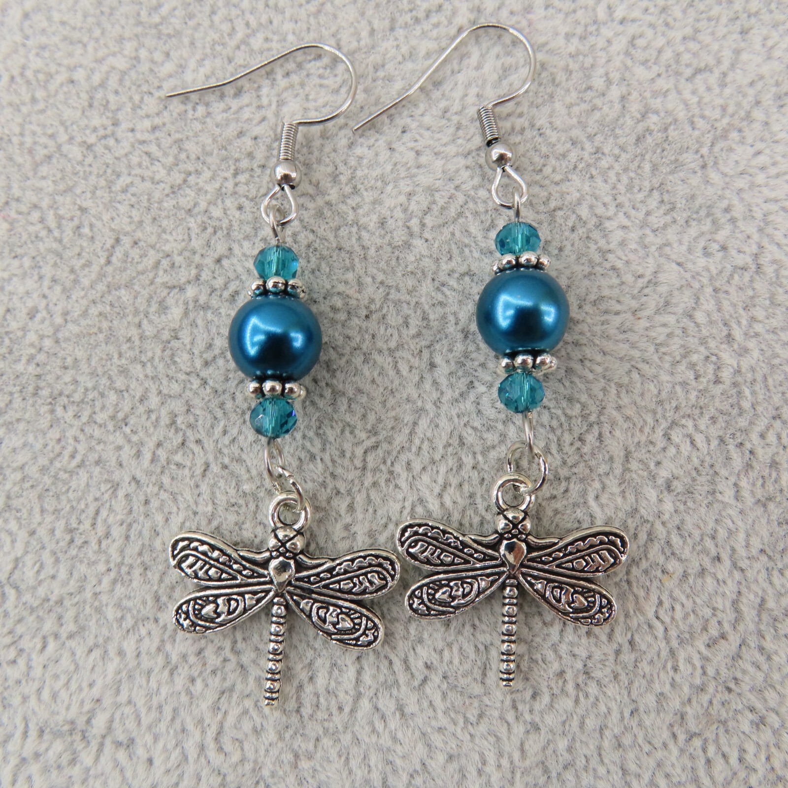 Teal Dragonfly Czech Glass Dangle Earrings Silver Tone Artisan Crafted-image