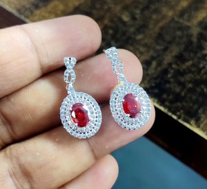 Authentic 2Ct Oval Lab Created Garnet Halo Drop & Dangle Earrings 14k White Gold Plated