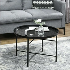 24" Round Coffee Table with Hammered Tray Top & Metal Frame, Black