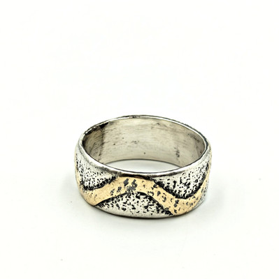 Vintage Ed Levin Sterling Silver 925 14K Gold Modernist Textured Band Ring Sz6.5