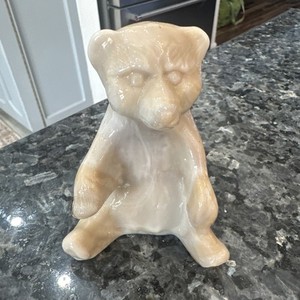 Vintage Mosser Caramel and White Colored Slag Glass Sitting Bear Figurine 4”