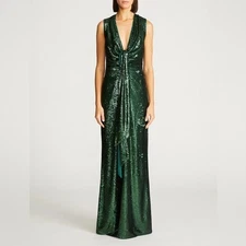 $598 NWT Halston “Magdalena” Sequin Maxi Gown in Bottle Green Sz 4