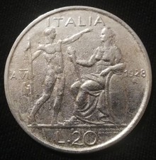 20 LIRE LITTORE 1928 - RICONIO - BASSA CONSERVAZIONE - REGNO D'ITALIA - V.E.III