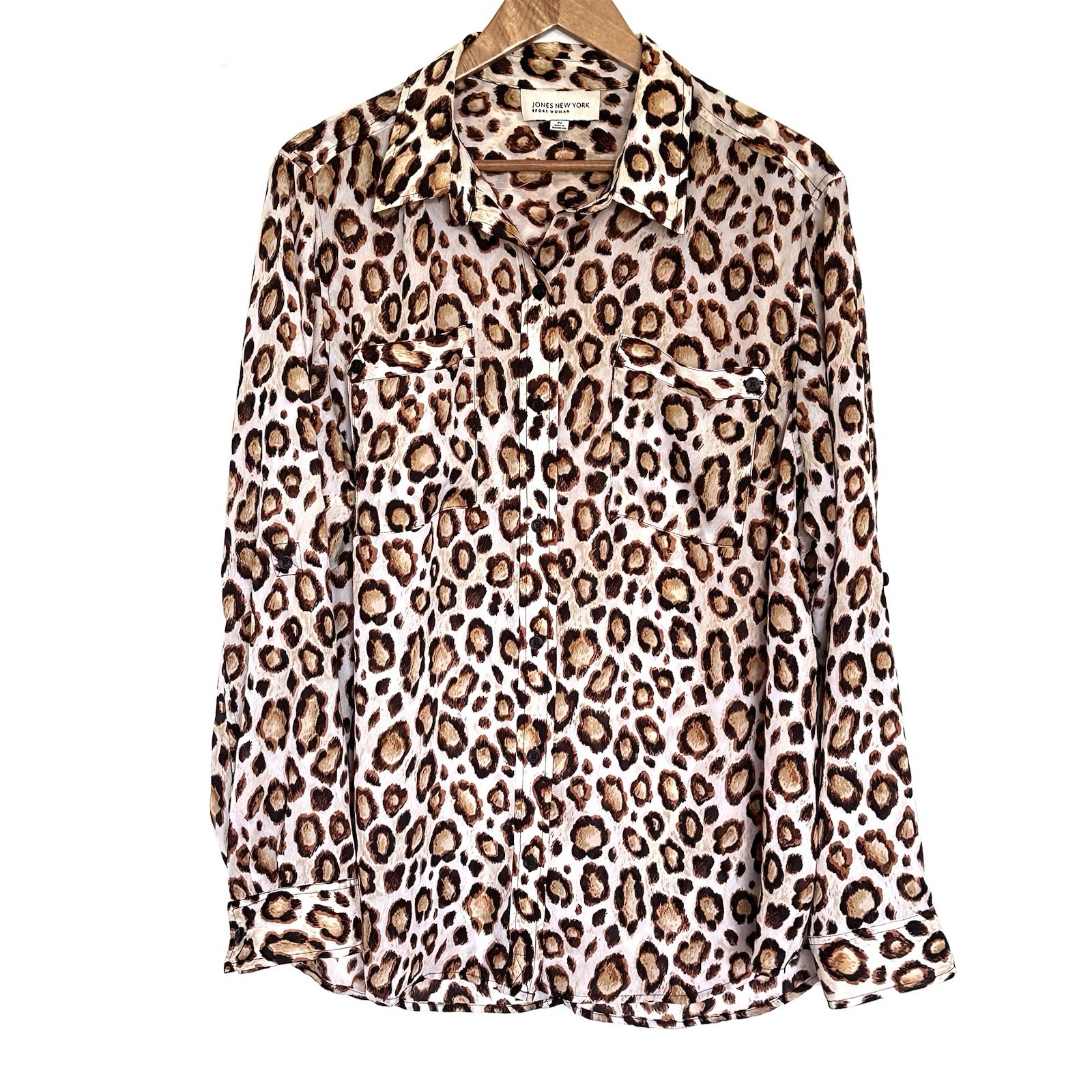 Jones New York Plus Shirt Womens 2X Leopard Sheer Button Up Long Roll Tab Sleeve