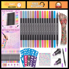 16 Colors Dual-End Temporary Tattoo Markers with 80 Stencils - Matte Metallic