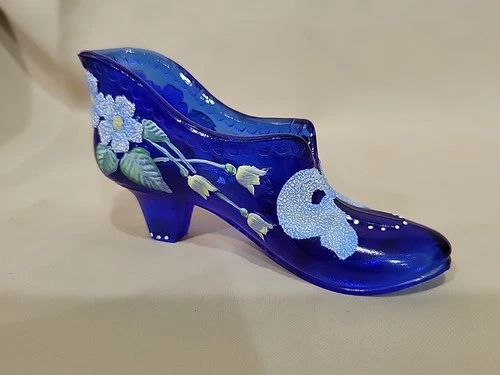2001 Fenton Art Glass Cobalt Blue Handpainted Princess Slipper Shoe Signed