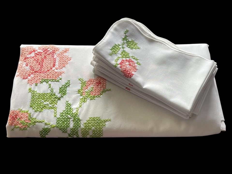 Vintage Tablecloth & 10 Napkins Pink & Green Rose Cross Stitched Rectangle 84X57 - Image 3 of 4