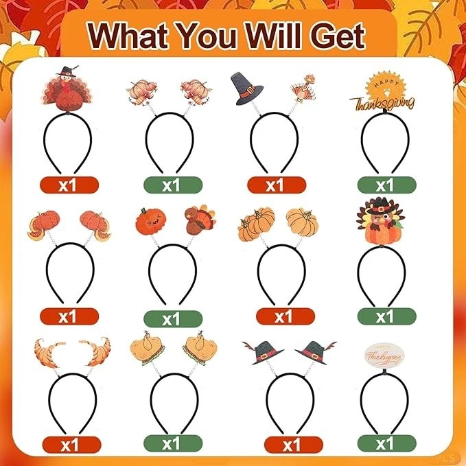 12 piezas decoraciones de diadema de pavo de acción de gracias, cabeza de fiesta calabaza de otoño Foto 2 de 4