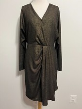 Ralph Lauren Surplice V-Neck Blouson Sheath Dress Black Gold Metallic Size 8