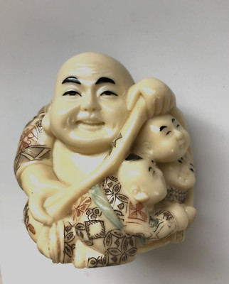 NICE POLISHED RESIN BUDDHA FIGURINE WITH CHILDREN BABIES 3x4 INCHES