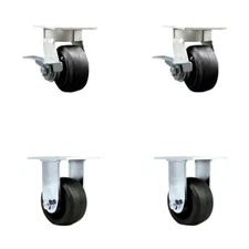 4 Inch KP Rubber on Steel Caster Set with Ball Bearings 2 Brakes 2 Rigid SCC