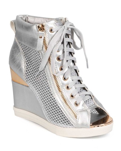 silver metallic wedge sneakers