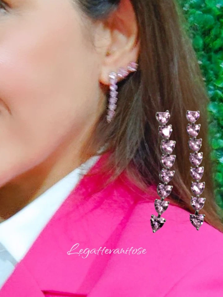 Orecchini Donna pendenti argento 925 effetto oro bianco . orecchini cuori rosa - Immagine 4 di 4