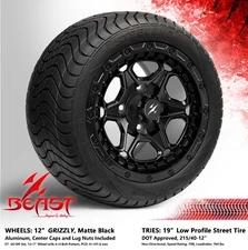 4x GOLF CART 12" MATTE BLACK GRIZZLY WHEELS and 215/40-12 DOT LOW PROFILE TIRES