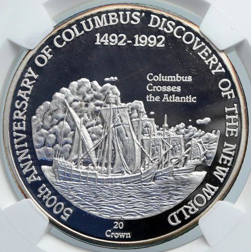 1991 TURKS AND CAICOS Columbus EXPLORATION OLD Silver 20 Crown Coin NGC i89096