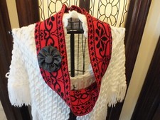 Upcycled Repurposed Infinity Scarf Handmade Removeable Flower Red Black 42x9"