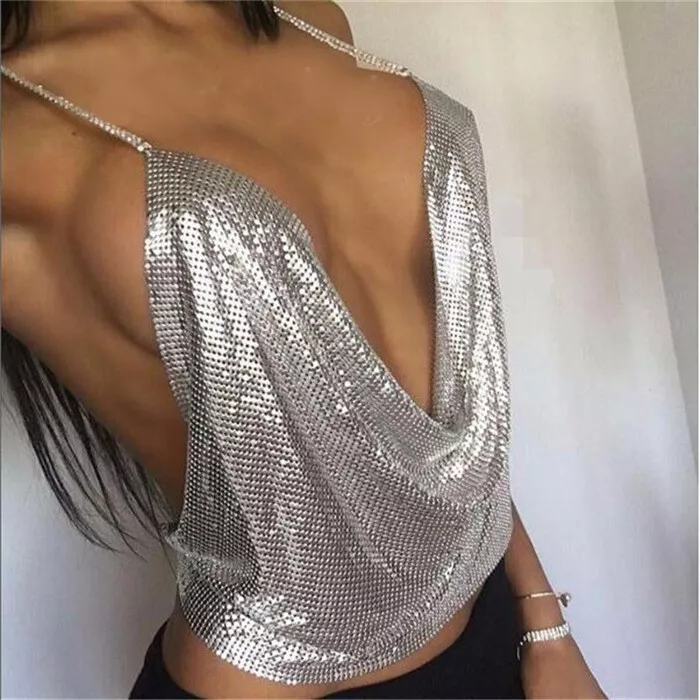 Ladies Sexy Backless Metal Sequin Tank Top Deep V-neck Camisole T Shirt  Clubwear