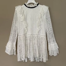 Boho Victorian White Lace Top Women XL Long Bell Sleeve Ruffle Black Bow