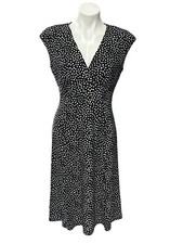 Chaps Black Polkadot Print Knit V-neck Cap Sleeve Swing Dress Size M -EUC