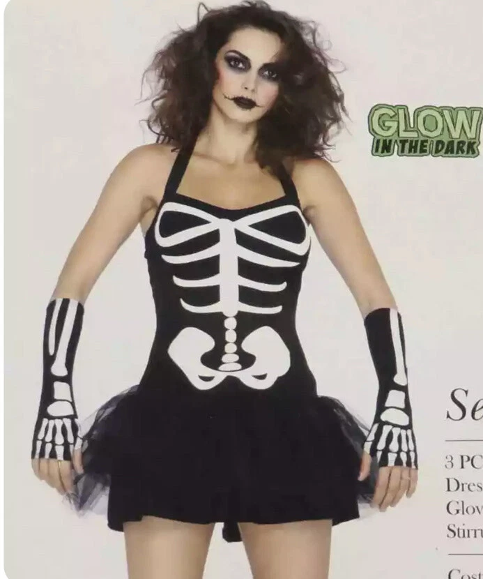 Sexy Esqueleto Huesos Calavera Brillo Oscuro Vestir Halloween Sexy Adulto Disfraz XS Foto 2 de 2