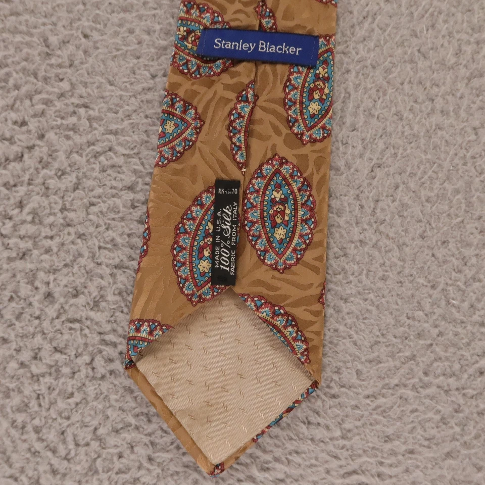 Corbata Stanley Blacker dorada azul rojo cachemira seda hecha a mano EE. UU. Italia 3,75" Foto 3 de 4