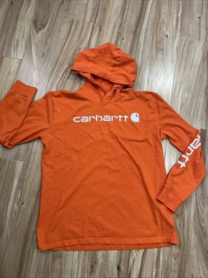 Carhartt Boys T-shirt Hooded Shirt Top Size XL Orange Long Sleeves Cotton Logo