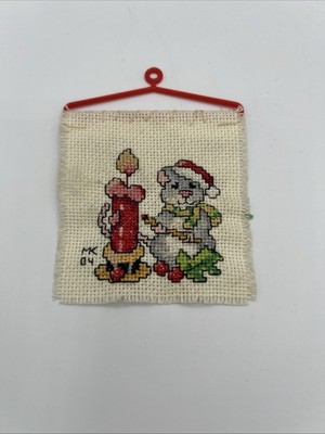 Vintage Finished Cross Stitch Completed Hanger Christmas Mouse Candle Signed 3 
