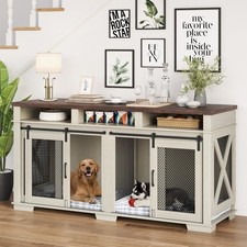 Dog Crate Furniture Double for Large Dogs w/ Sliding Barn Door 3 Storage Drawers