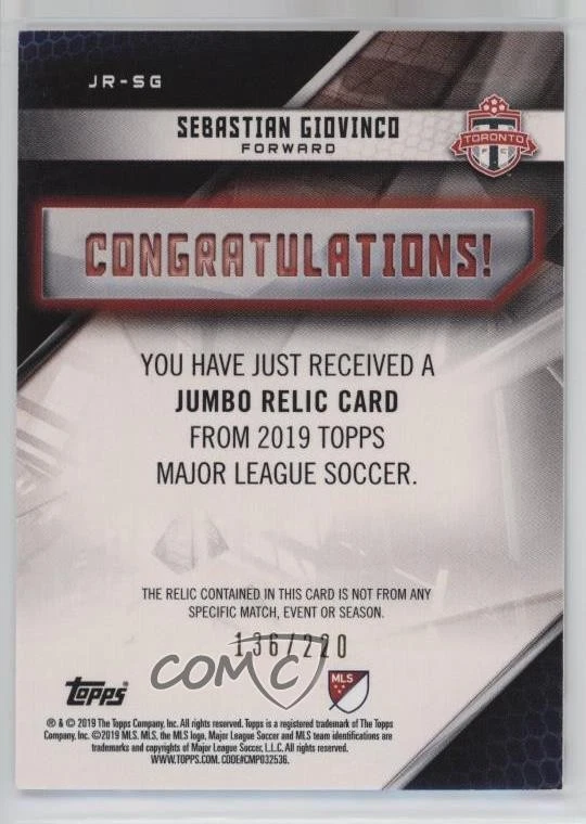 2019 Topps MLS Jumbo Relics /220 Sebastian Giovinco #JR-SG - Image 2 of 2
