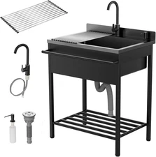 Kitchen Stainless Steel Utility Sink Free Standing with Faucet & Draining Rack
