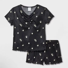 Art Class Girls 2 Pc PJ Pajama Set Black Ditzy Floral Shorts Top L 10/12 NEW