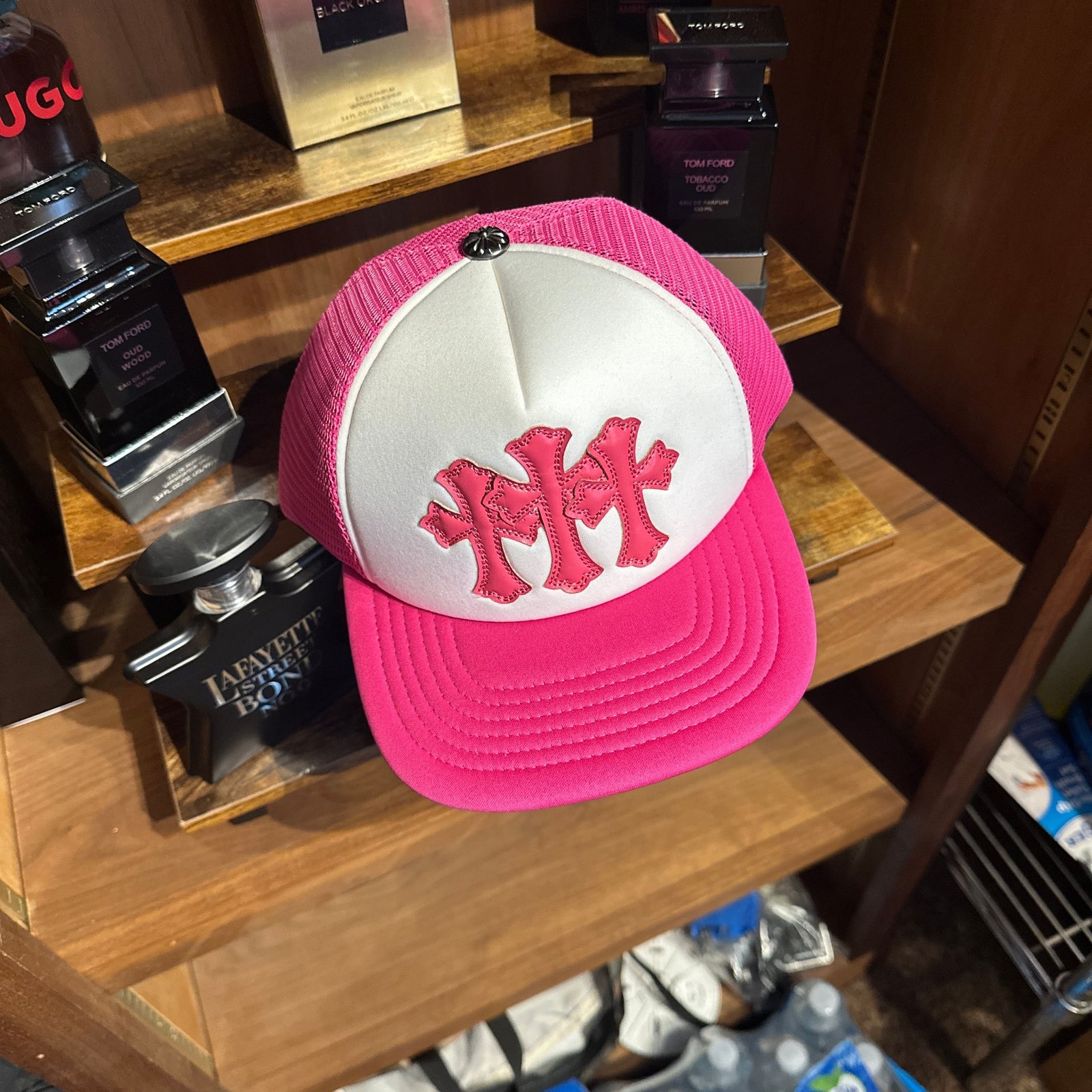 Chrome Hearts Neon Pink Triple Cemetery Cross Leather Patch Trucker Hat